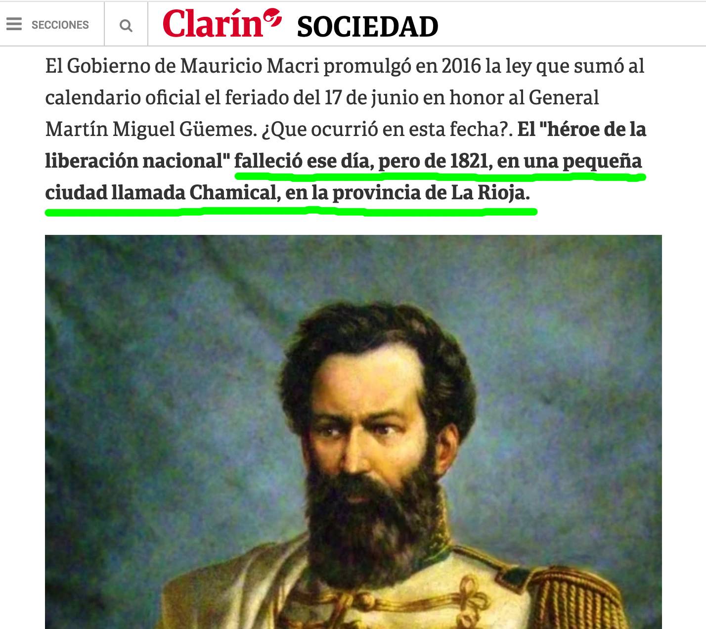Publicación del diario Clarín
