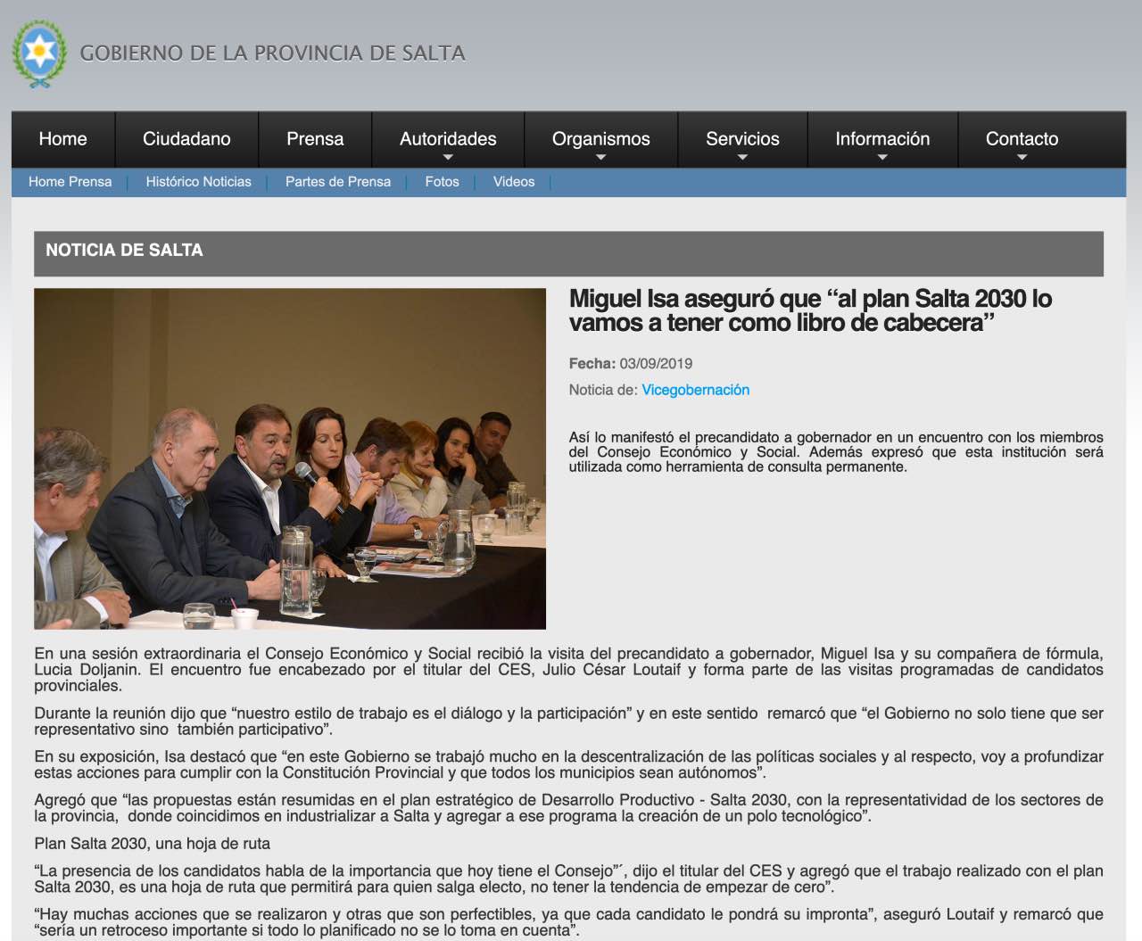 Página web del gobierno de la Provincia de Salta