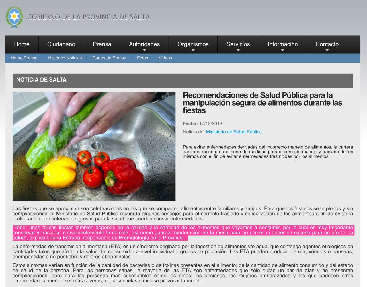 Noticia publicada en la web del gobierno provincial de Salta