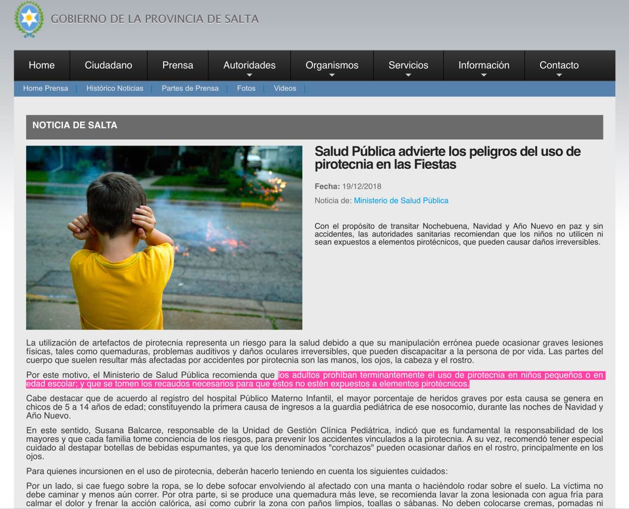 Noticia publicada en la web del gobierno provincial de Salta