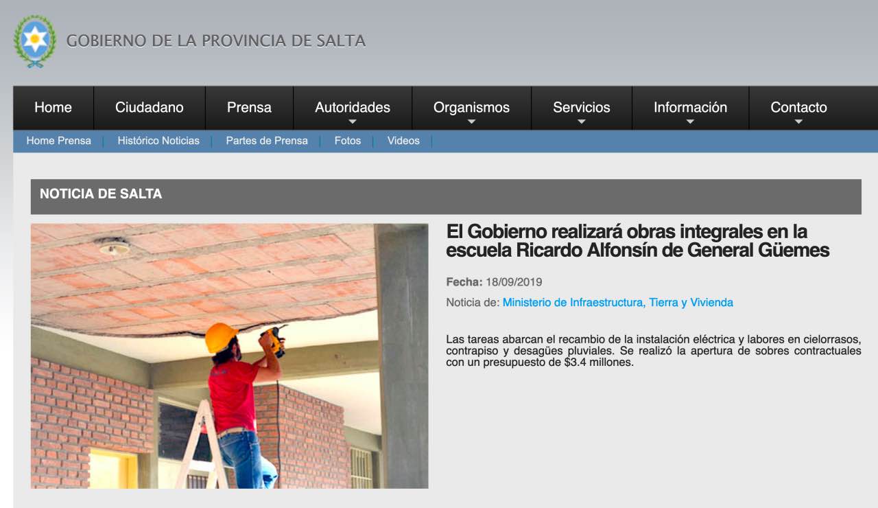 Publicación oficial del gobierno de Salta